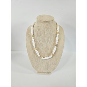 Vintage Trifari '80s Retro White Acrylic Beaded Gold Resin Knot Accent Necklace